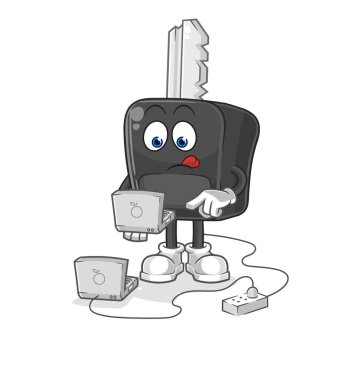 the car key with laptop mascot. cartoon vecto