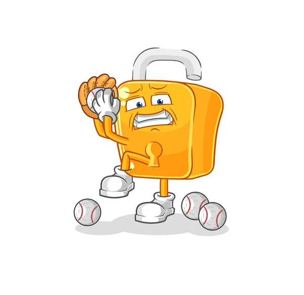 Padlock Baseball Pitcher Cartoon Cartoon Mascot Vecto — Stockový vektor