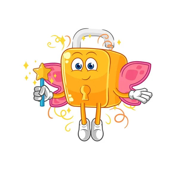 Padlock Fairy Wings Stick Cartoon Mascot Vecto — Stok Vektör