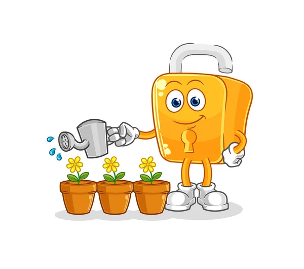 Padlock Watering Flowers Mascot Cartoon Vecto —  Vetores de Stock
