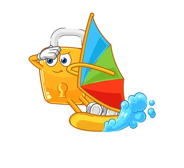Padlock Windsurfing Character Mascot Vecto — Stock Vector