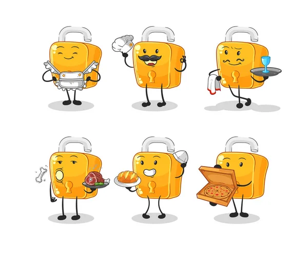the padlock restaurant group character. cartoon mascot vecto