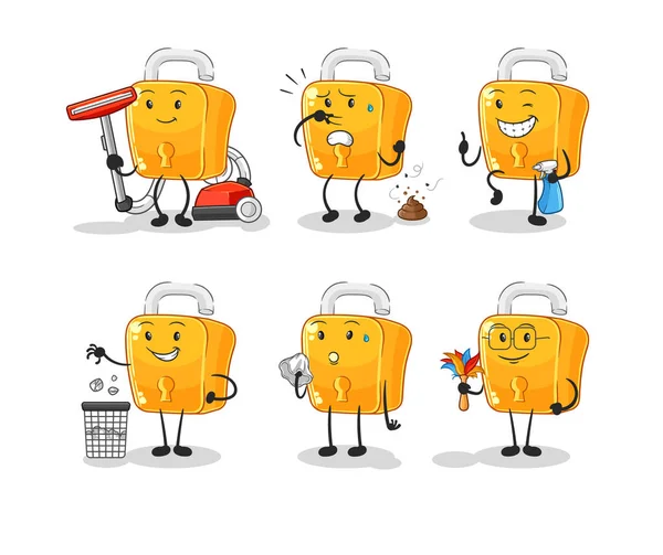 Padlock Cleaning Group Character Cartoon Mascot Vecto — ストックベクタ