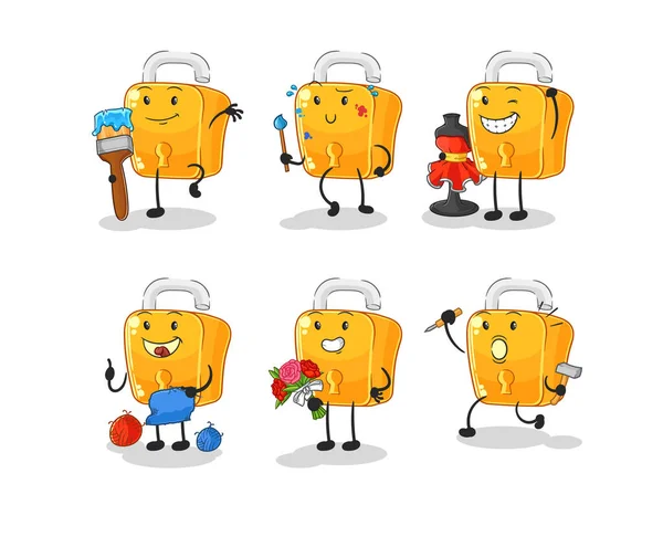 Padlock Artist Group Character Cartoon Mascot Vecto — Stock Vector