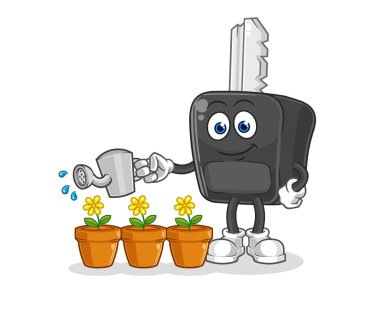the car key watering the flowers mascot. cartoon vecto