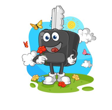 the car key pick flowers in spring. character vecto