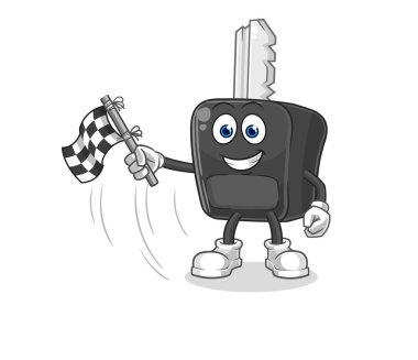 the car key hold finish flag. cartoon mascot vecto