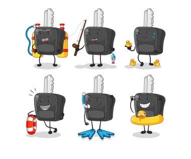 the car key water activity group. cartoon mascot vecto