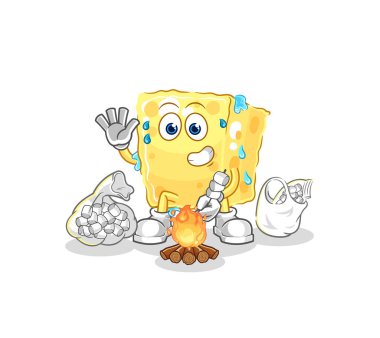 the sponge roasting marshmallows. cartoon mascot vecto
