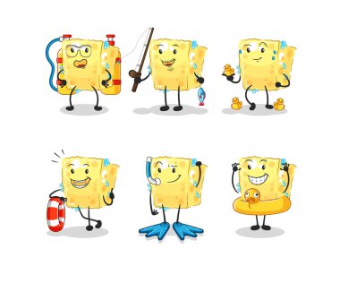 the sponge water activity group. cartoon mascot vecto