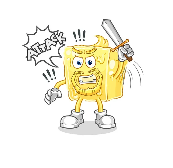 Butter Knights Attack Sword Cartoon Mascot Vecto — Vetor de Stock