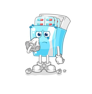 the medicine package cry with a tissue. cartoon mascot vector