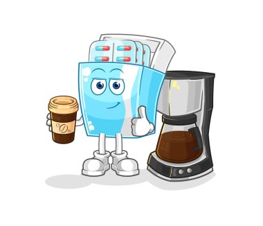 the medicine package drinking coffee illustration. character vector
