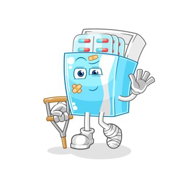 the medicine package sick with limping stick. cartoon mascot vector