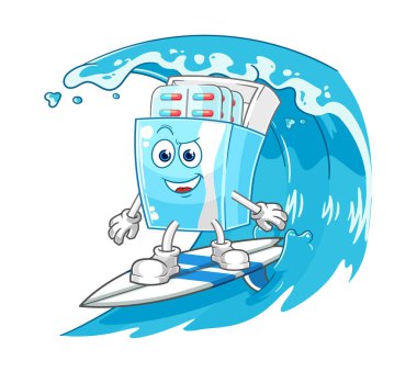 the medicine package surfing character. cartoon mascot vector