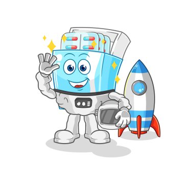the medicine package astronaut waving character. cartoon mascot vector
