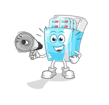 the medicine package holding hand loudspeakers vector. cartoon character