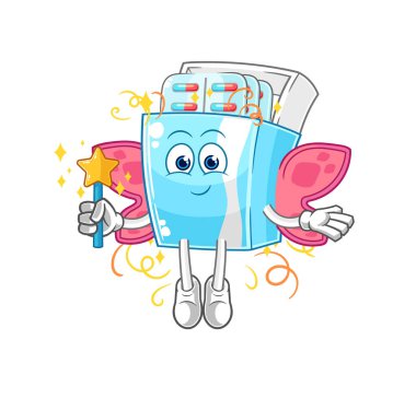 the medicine package fairy with wings and stick. cartoon mascot vector