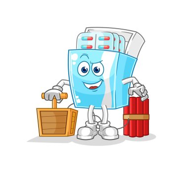 the medicine package holding dynamite detonator. cartoon mascot vector