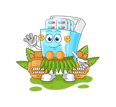 the medicine package hawaiian waving character. cartoon mascot vector