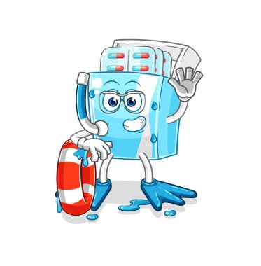 the medicine package swimmer with buoy mascot. cartoon vector