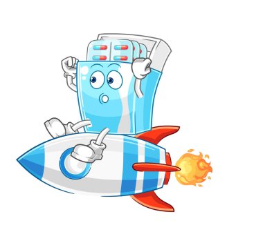 the medicine package ride a rocket cartoon mascot vector