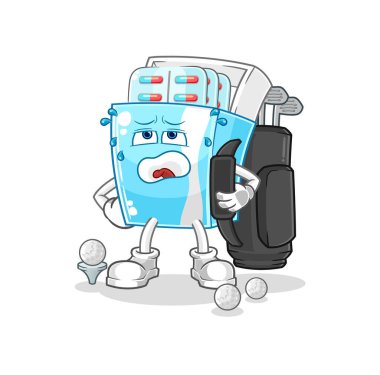 the medicine package with golf equipment. cartoon mascot vector