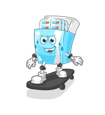 the medicine package riding skateboard cartoon character vector