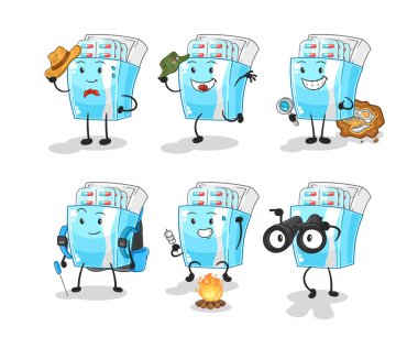 the medicine package adventure group character. cartoon mascot vector