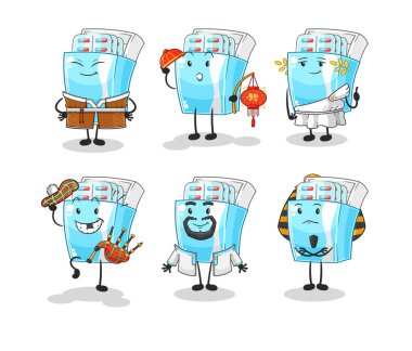 the medicine package world culture group. cartoon mascot vector