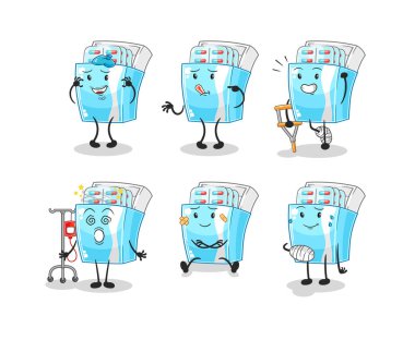 the medicine package sick group character. cartoon mascot vector