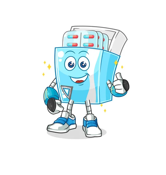 Caractère Robot Paquet Médicaments Vecteur Mascotte Dessin Animé — Image vectorielle