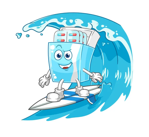 the medicine package surfing character. cartoon mascot vector