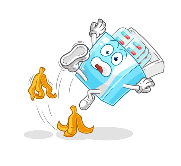 Medicine Package Slipped Banana Cartoon Mascot Vector — Vetor de Stock