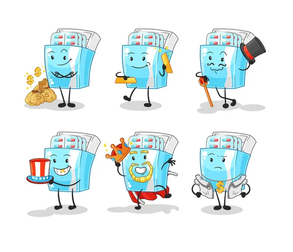Medicine Package Rich Character Cartoon Mascot Vector — Vector de stock