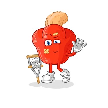 the cashew fruit sick with limping stick. cartoon mascot vector