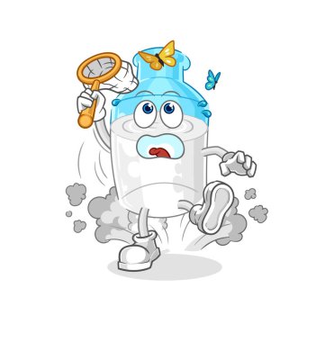 the bottle of milk catch butterfly illustration. character vector