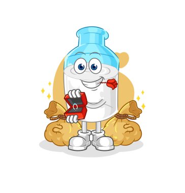 the bottle of milk propose with ring. cartoon mascot vector