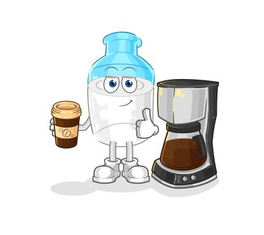 the bottle of milk drinking coffee illustration. character vector