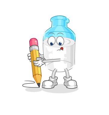 the bottle of milk write with pencil. cartoon mascot vector