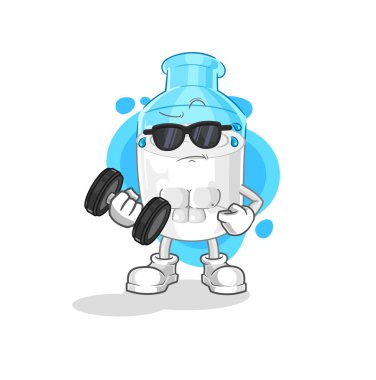 the bottle of milk lifting dumbbell vector. cartoon character