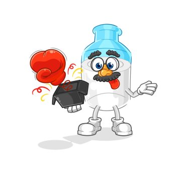 the bottle of milk prank glove in the box. cartoon mascot