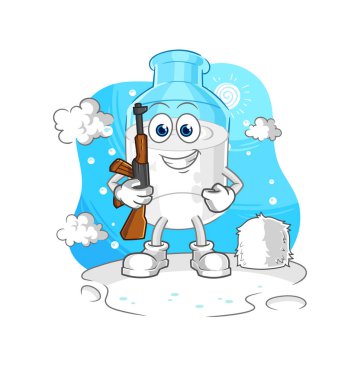 the bottle of milk soldier in winter. character mascot vector