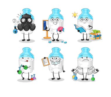 the bottle of milk scientist group character. cartoon mascot vector