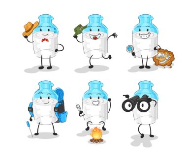 the bottle of milk adventure group character. cartoon mascot vector