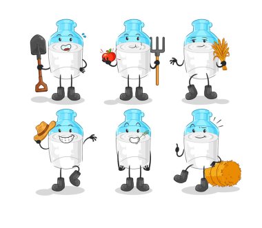 the bottle of milk farmer group character. cartoon mascot vector