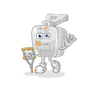 the zipper sick with limping stick. cartoon mascot vector
