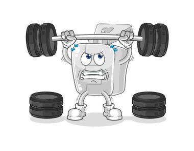 the zipper lifting the barbell character. cartoon mascot vector