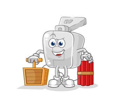 the zipper holding dynamite detonator. cartoon mascot vector