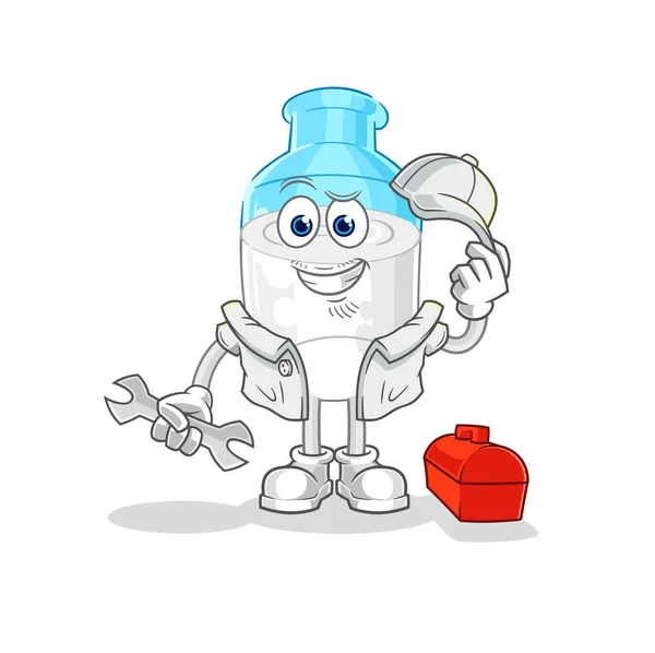 Garrafa Leite Mecânico Cartoon Vetor Mascote Desenhos Animados — Vetor de Stock